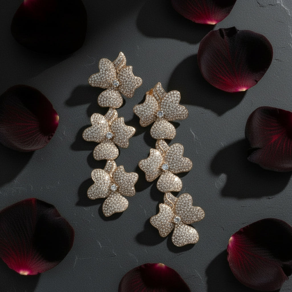 925 Sterling Silver & Cubic Zirconia Rose Gold Triple Flower Women's Drop Earrings