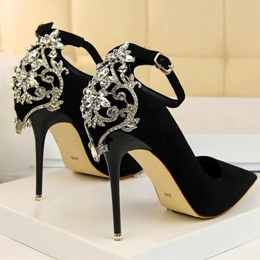 Luxury Velvet Rhinestone Filigree Stiletto High Heels with & Ankle Straps - Lovez Aqua© -