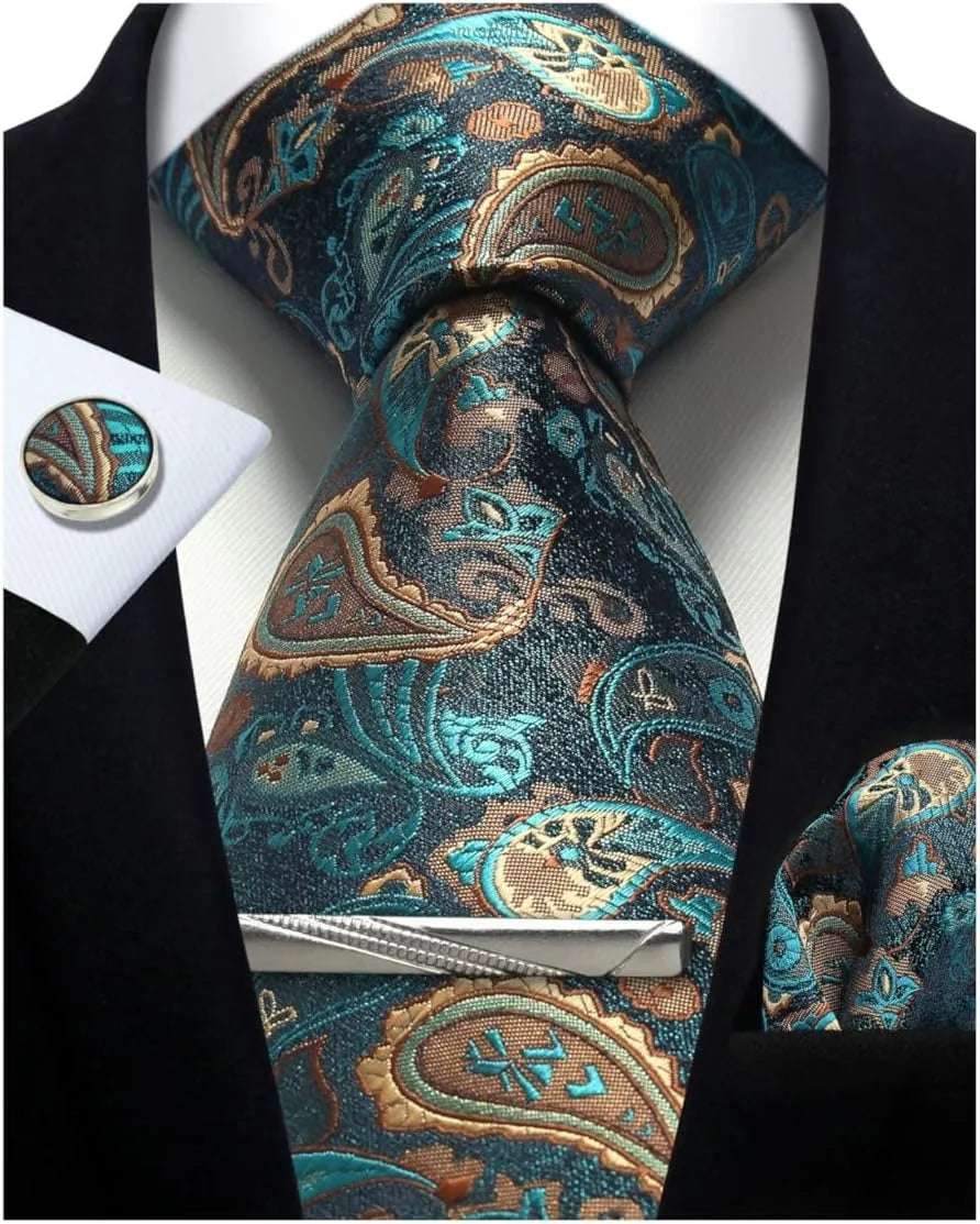 Men's Luxury Silk Paisley Floral Necktie, Pocket Square, Clip & Cufflinks Set - Lovez Aqua© -