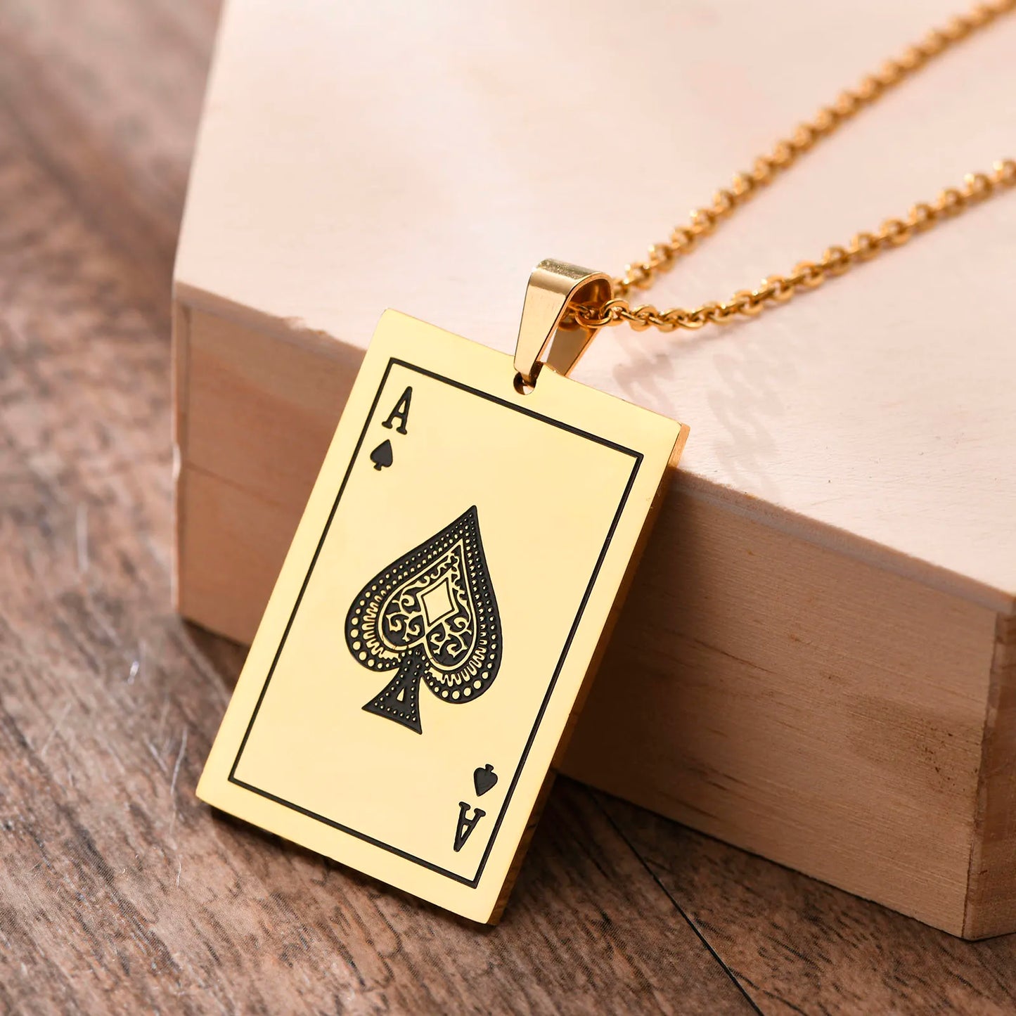 Men's Ace of Spades Poker Card Stainless Steel Dog Tag Necklace - Lovez Aqua© - Gold / 60cm 24inch