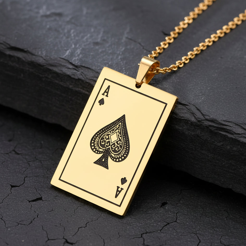 Men's Ace of Spades Poker Card Stainless Steel Dog Tag Necklace - Lovez Aqua© - Gold / 60cm 24inch