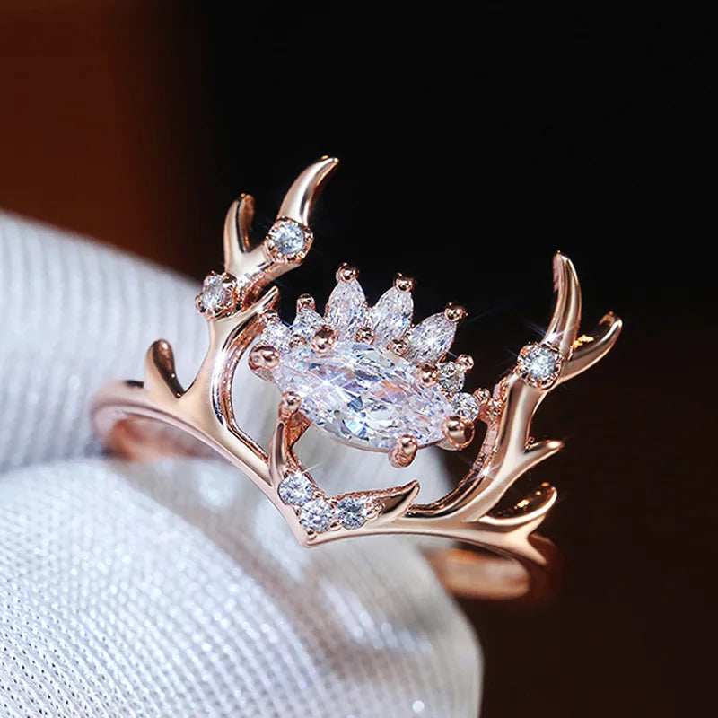 Delicate Gold Elk Antlers & Cubic Zirconia Crown Women's Ring - Lovez Aqua© - 6