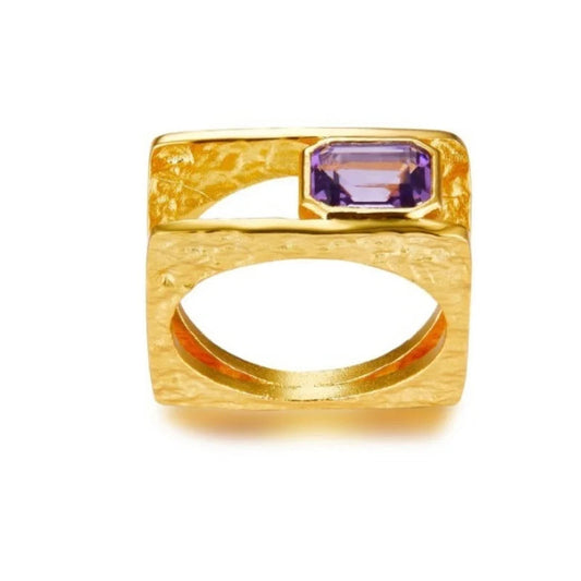Natural Amethyst S925 Sterling Silver Unique Square Gold Plated Women's Ring - Lovez Aqua© - 6