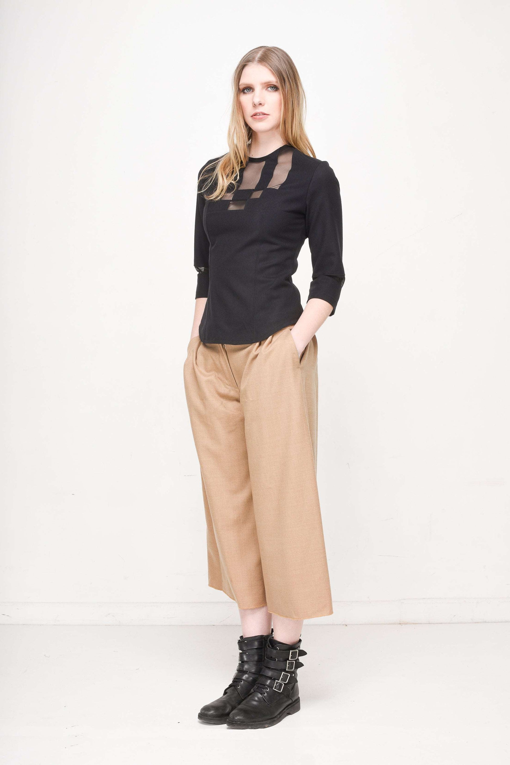 Women's Elegant Blouse with Sheer Panel Detailing, Round Neckline & 3/4 Sleeves - Lovez Aqua© -