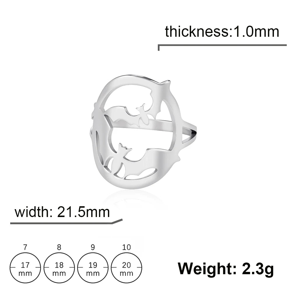 Women's Gothic Punk Crescent Moon & Bat Stainless Steel Ring - Lovez Aqua© - Silver 2 / 7