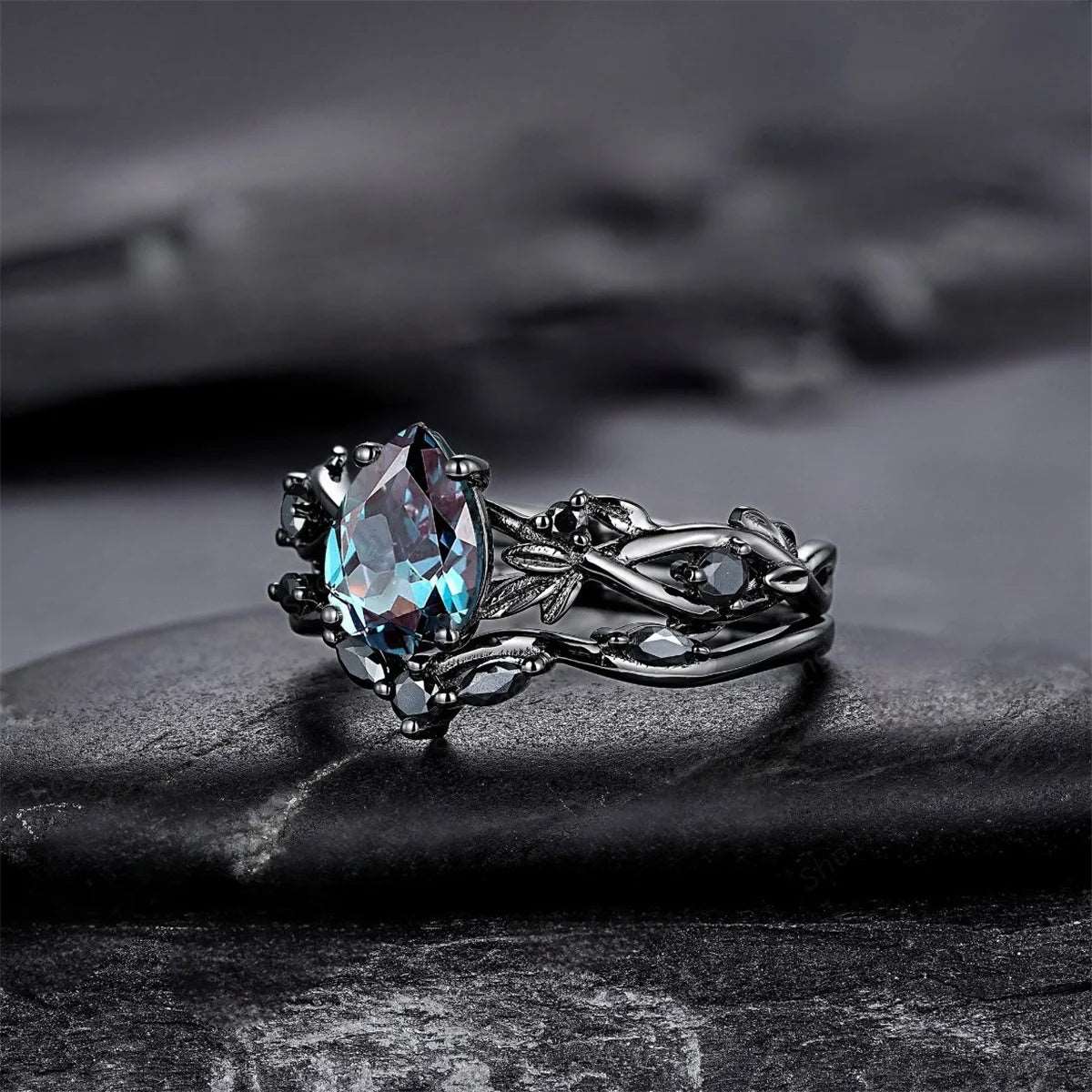 Gothic Black Gold Blue Waterdrop Zircon Rings with Black Rhinestone (2 Pieces) - Lovez Aqua© -