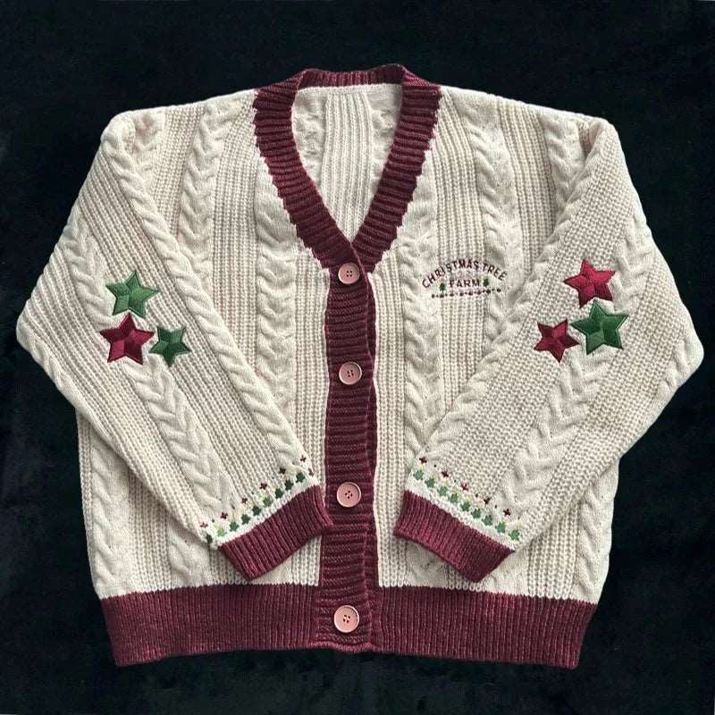 Women's Cozy Red & Green Christmas Tree & Stars Knitted Embroidered Cardigan - Lovez Aqua© -