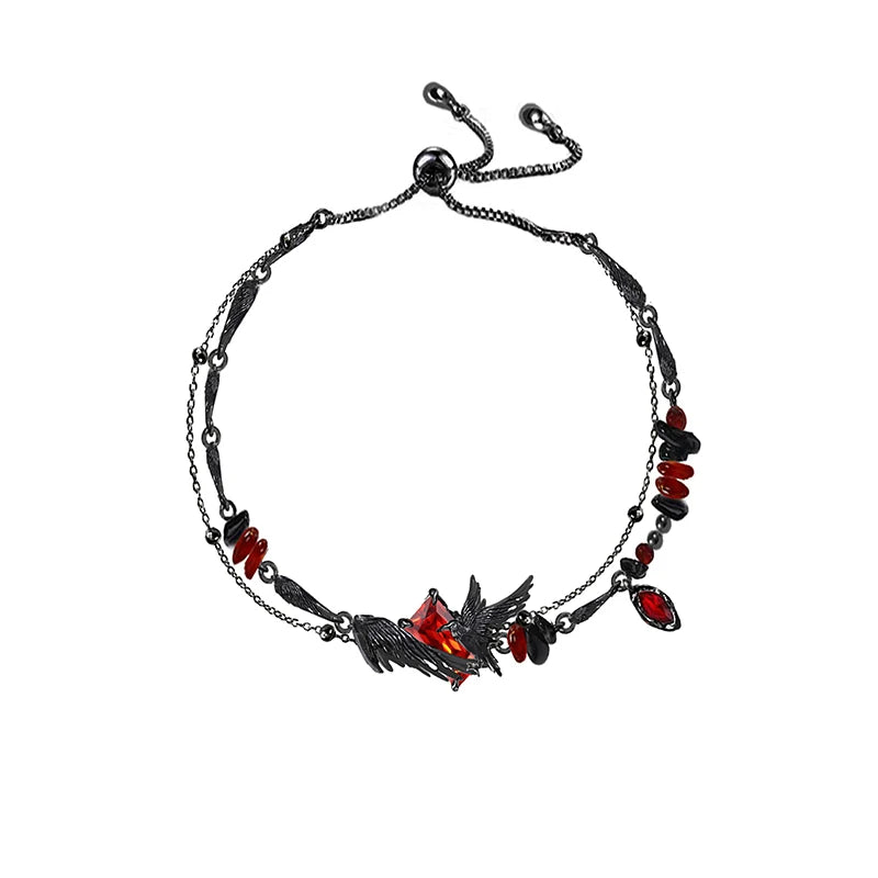 Rustic Gothic Black Raven & Red Garnet Beaded Crystal Women's Bracelet - Lovez Aqua© - Default Title