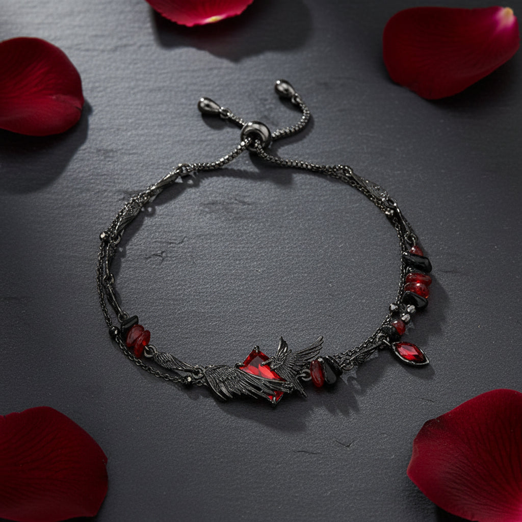 Rustic Gothic Black Raven & Red Garnet Beaded Crystal Women's Bracelet - Lovez Aqua© - Default Title