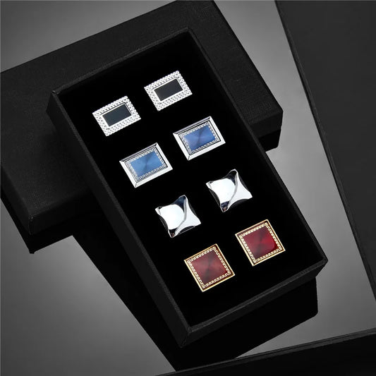 Men's Modern Square Geometric Pattern Cufflinks in Gift Box (4 Pieces) - Lovez Aqua© - T0204023 with box