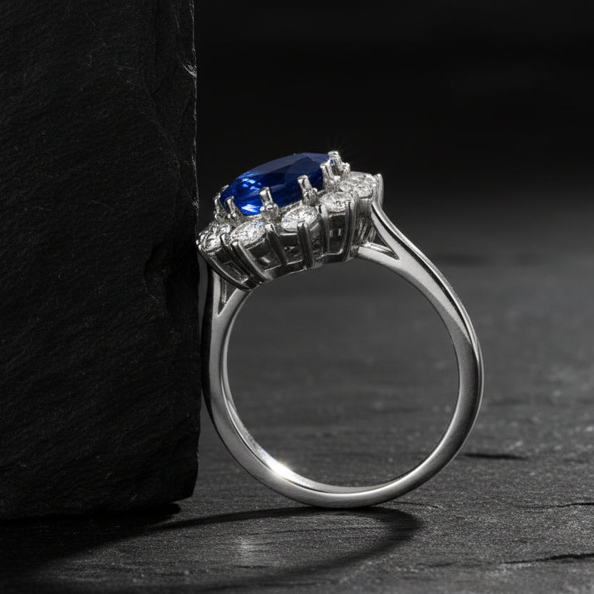 Princess Diana 14K White Gold Oval Blue Sapphire & Diamond Accented Ring - Lovez Aqua© -