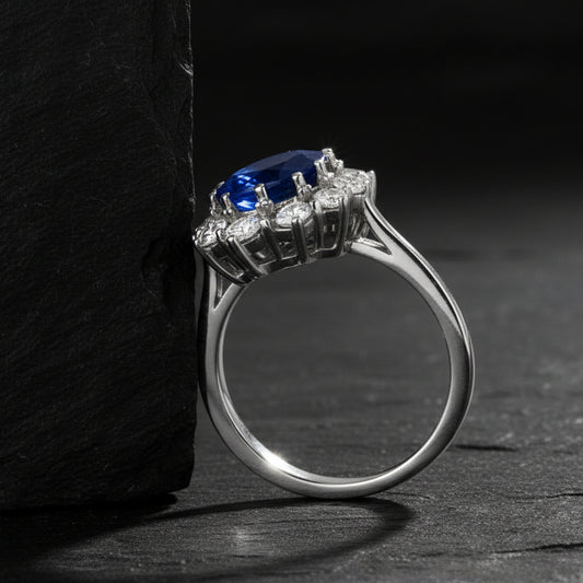 Princess Diana 14K White Gold Oval Blue Sapphire & Diamond Accented Ring - Lovez Aqua© -
