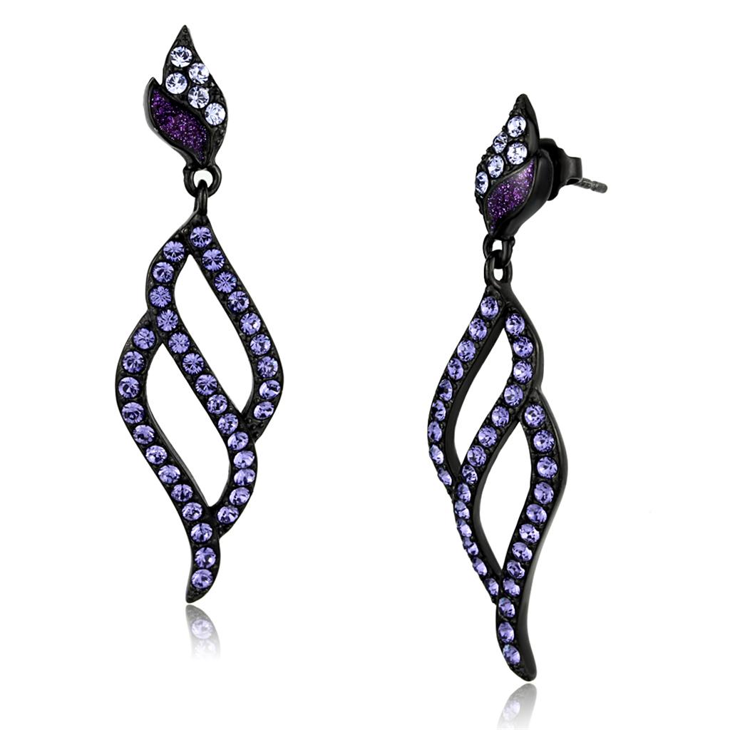 Women's Gothic Black Stainless Steel Purple Tanzanite Crystal Drop Earrings - Lovez Aqua© -