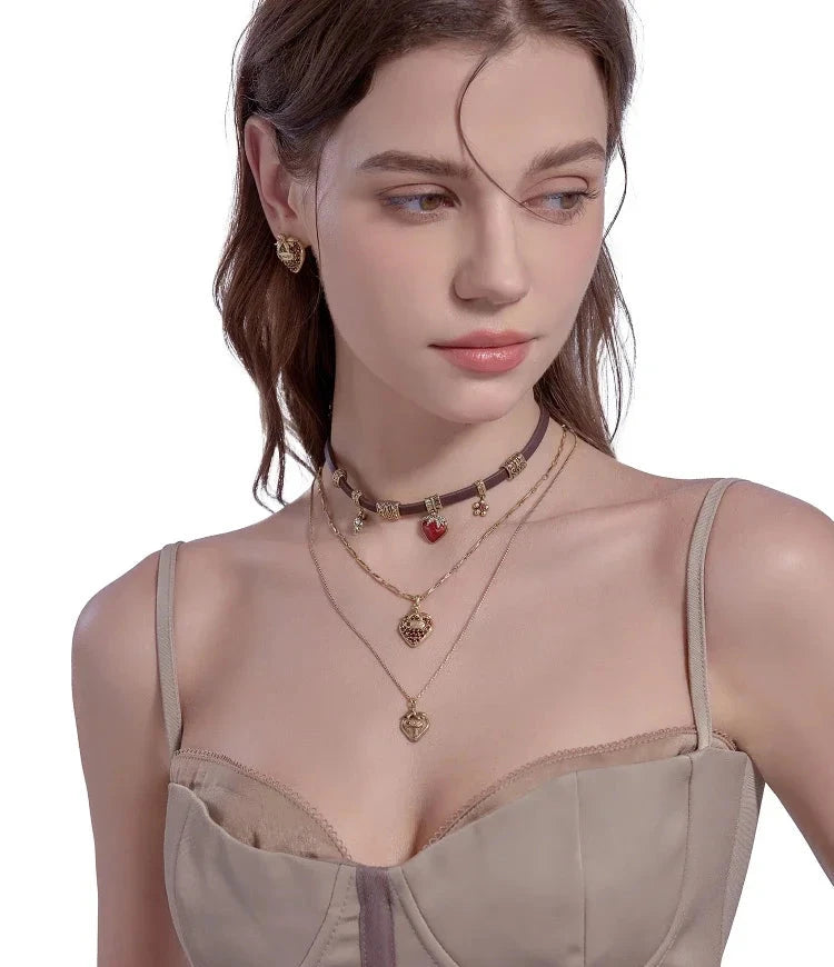 Women's Gothic Faux Leather Choker Necklace/Earrings with Gold Strawberry Charms - Lovez Aqua© -