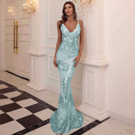 Mint Green Sequined Women's Backless Mermaid Evening Gown - Lovez Aqua© -