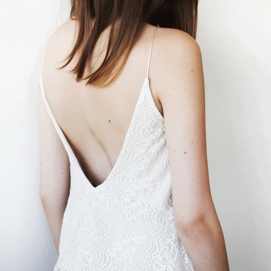 Delicate Ivory V-Neck Open Back Lace Bridal Top with Silk Satin Spaghetti Straps - Lovez Aqua© -