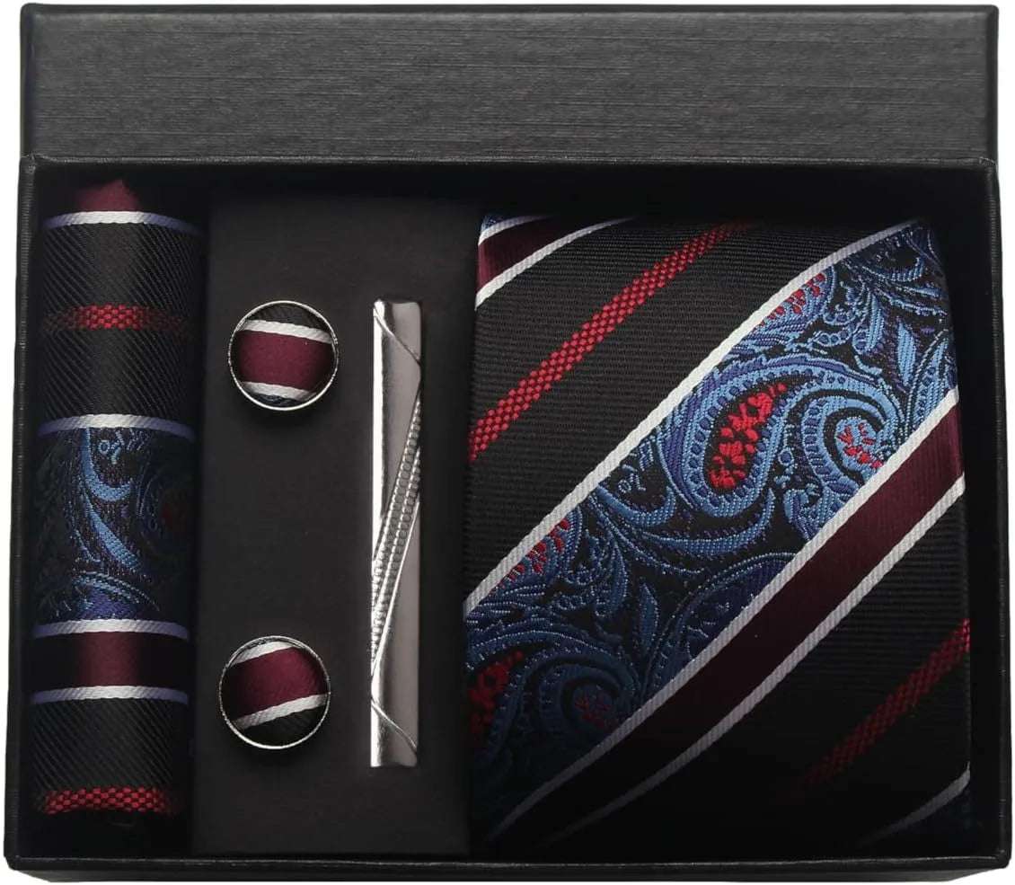 Men's Luxury Silk Paisley Floral Necktie, Pocket Square, Clip & Cufflinks Set - Lovez Aqua© - BF7