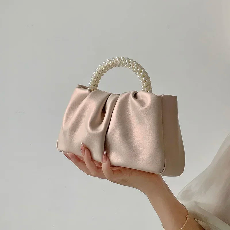 Elegant Classic Ruffled Faux Leather Handbag with Pearl Handle - Lovez Aqua© -