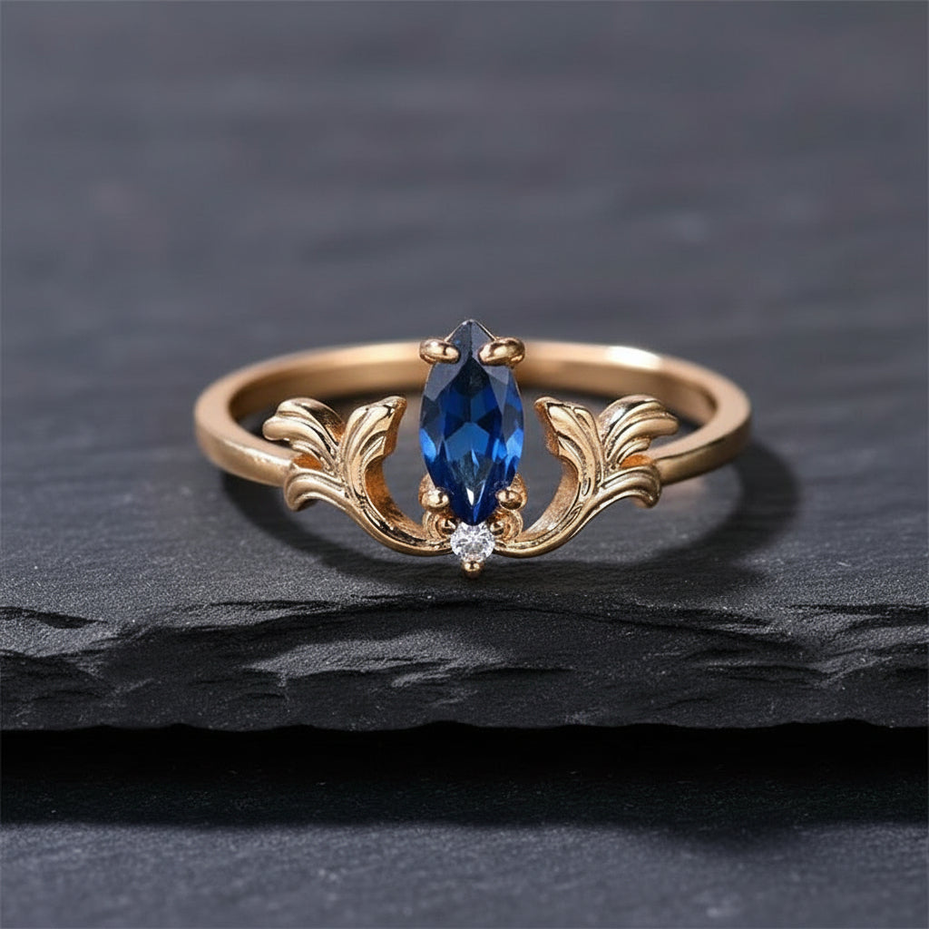 Women's Sapphire Blue Marquise Silver Ring with White Round Zircon Stones - Lovez Aqua© -