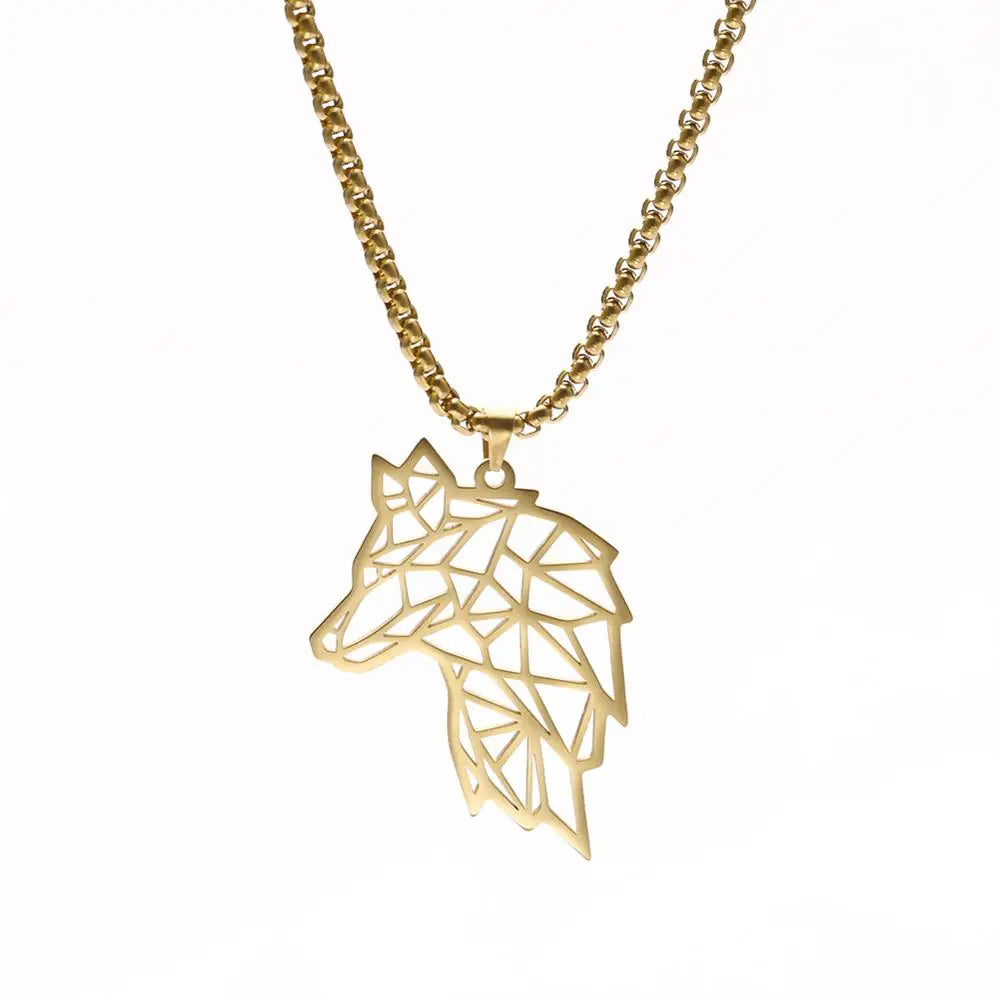 Men's Stainless Steel Origami Wolf Head Pendant Statement Necklace - Lovez Aqua© - Gold