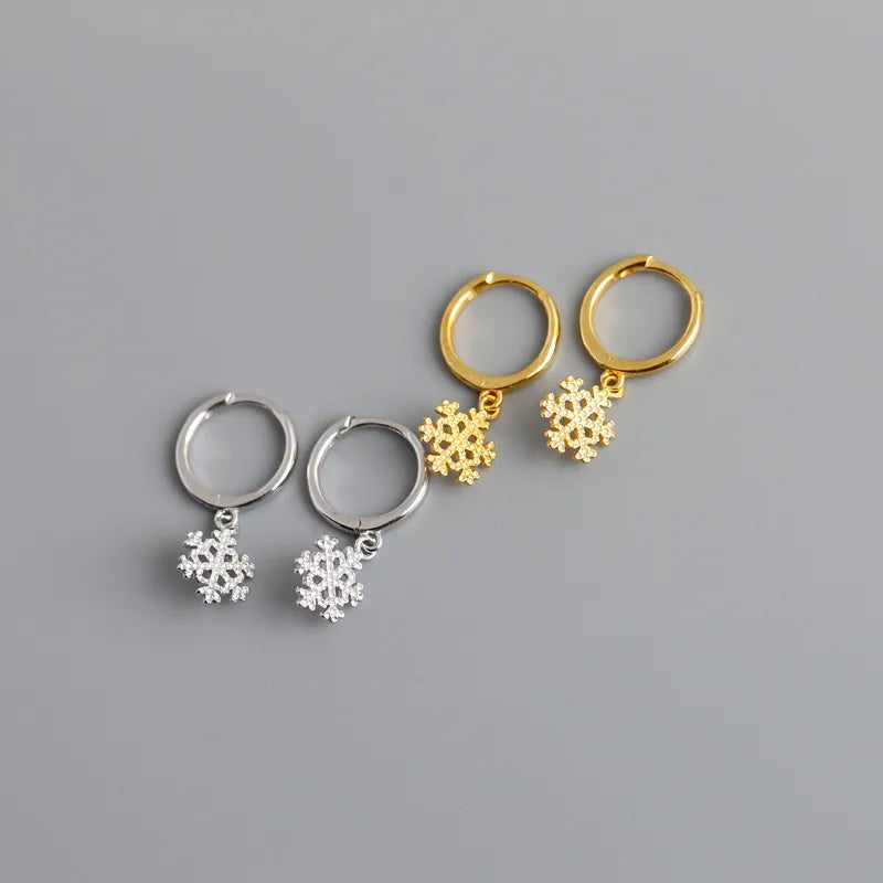 Women's Minimalist 925 Sterling Silver Christmas Snowflake Hoop Dangle Earrings - Lovez Aqua© -