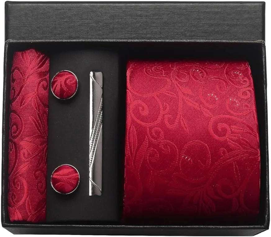 Men's Luxury Silk Paisley Floral Necktie, Pocket Square, Clip & Cufflinks Set - Lovez Aqua© - BV2