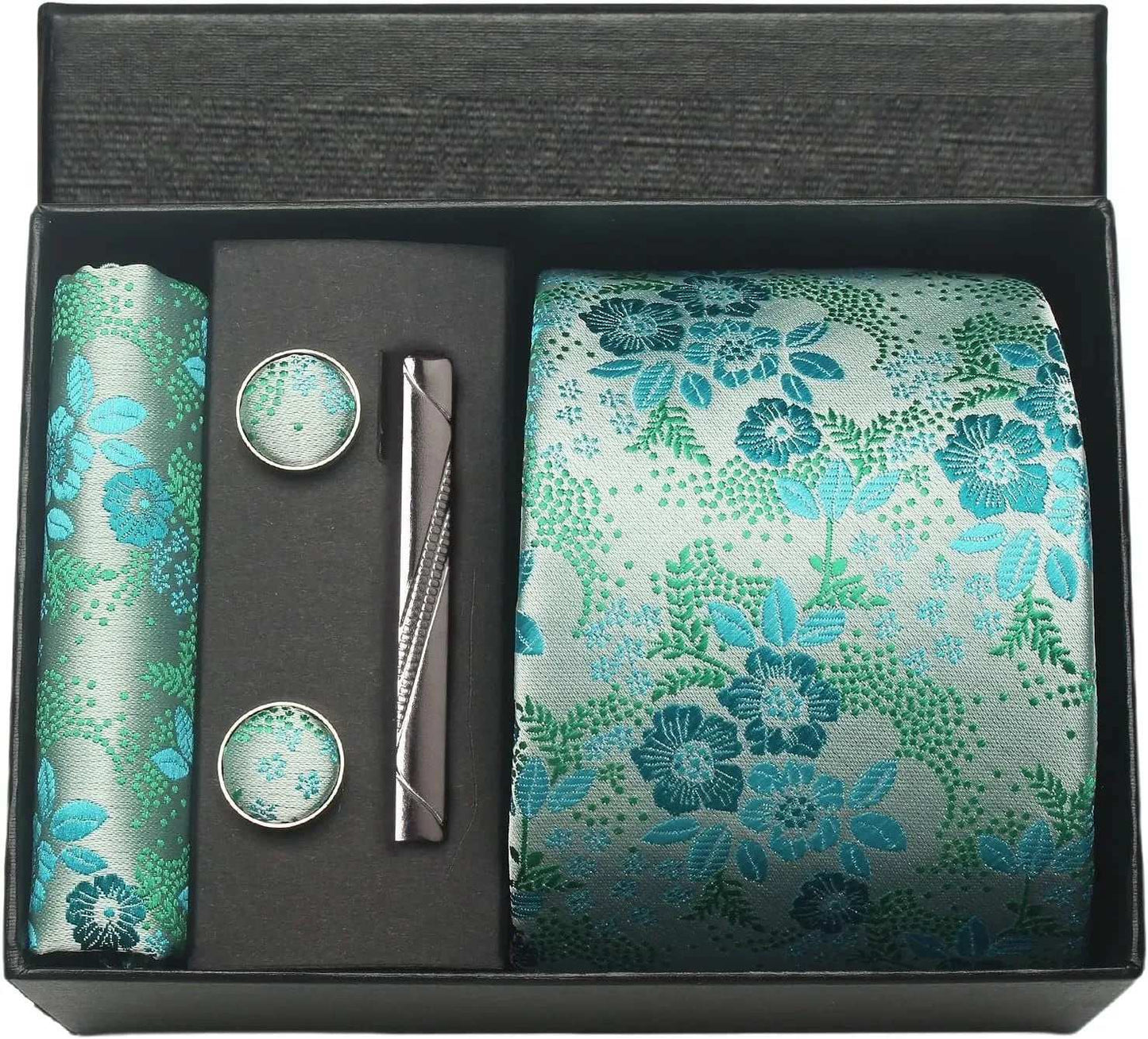 Men's Luxury Silk Paisley Floral Necktie, Pocket Square, Clip & Cufflinks Set - Lovez Aqua© - BM4
