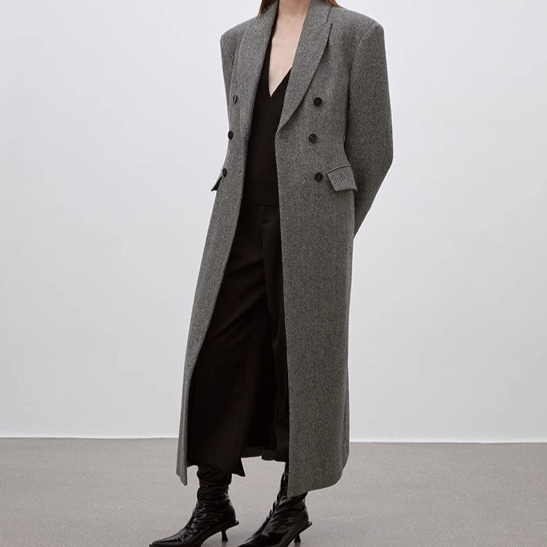 Women's Herringbone Double-Breasted Peaked Lapel Woolen Hourglass Waist Winter Coat