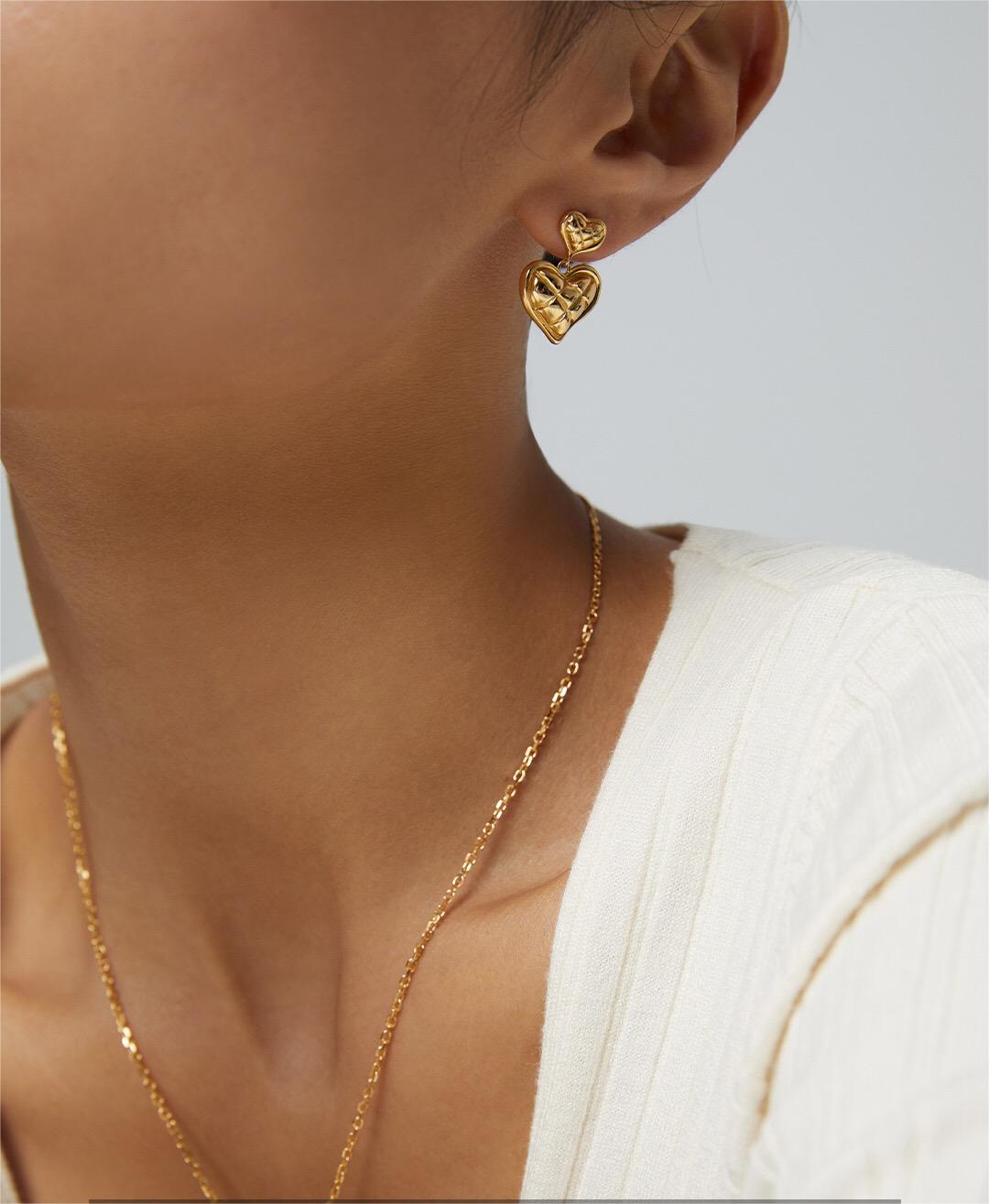 Women's 18ct Gold Vermeil Quilted Heart Shaped Drop Earrings - Lovez Aqua© -