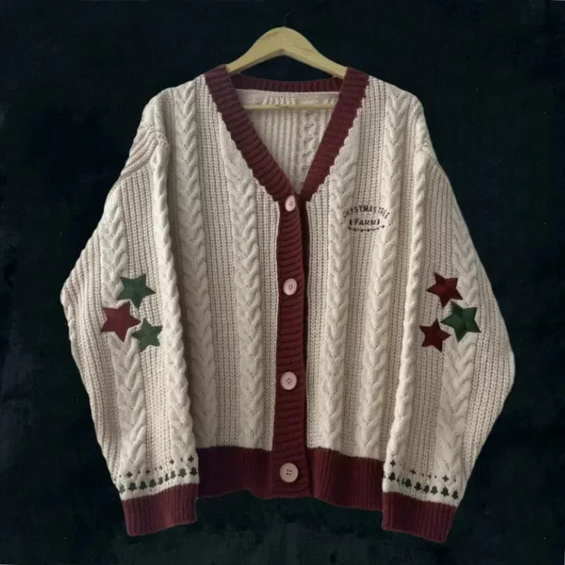 Women's Cozy Red & Green Christmas Tree & Stars Knitted Embroidered Cardigan - Lovez Aqua© - S