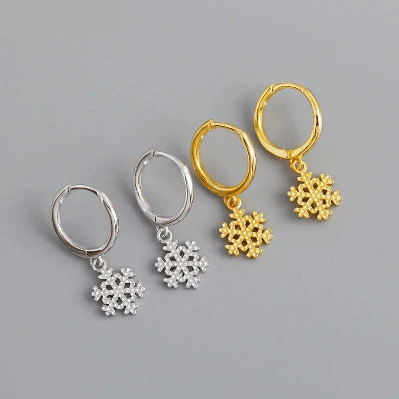 Women's Minimalist 925 Sterling Silver Christmas Snowflake Hoop Dangle Earrings - Lovez Aqua© - Silver