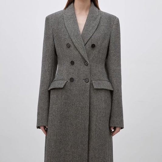Women's Herringbone Double-Breasted Peaked Lapel Woolen Hourglass Waist Winter Coat