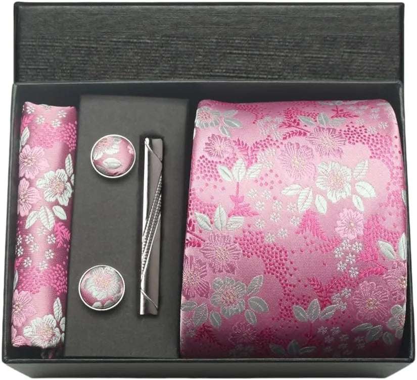Men's Luxury Silk Paisley Floral Necktie, Pocket Square, Clip & Cufflinks Set - Lovez Aqua© - BM13