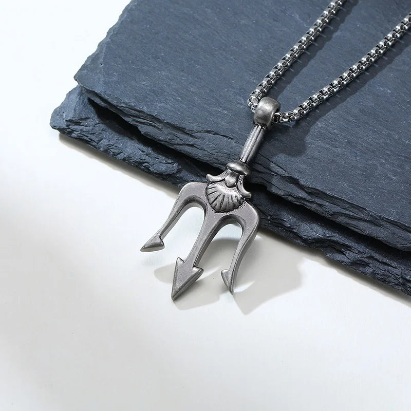 Men's Stainless Steel Punk Rock Neptune Trident Pendant Necklace - Lovez Aqua© -