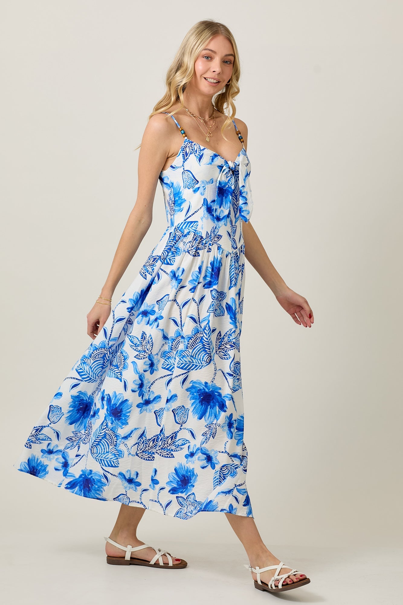 Women's Blue & White Summer Floral Print Sleeveless Maxi Dress & Tie Detail