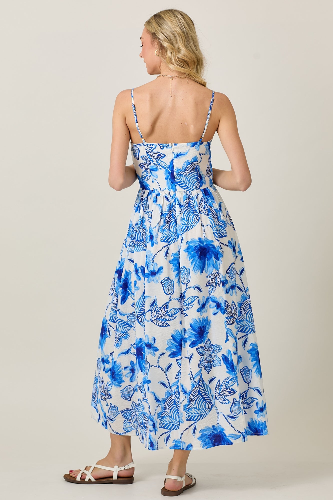 Women's Blue & White Summer Floral Print Sleeveless Maxi Dress & Tie Detail