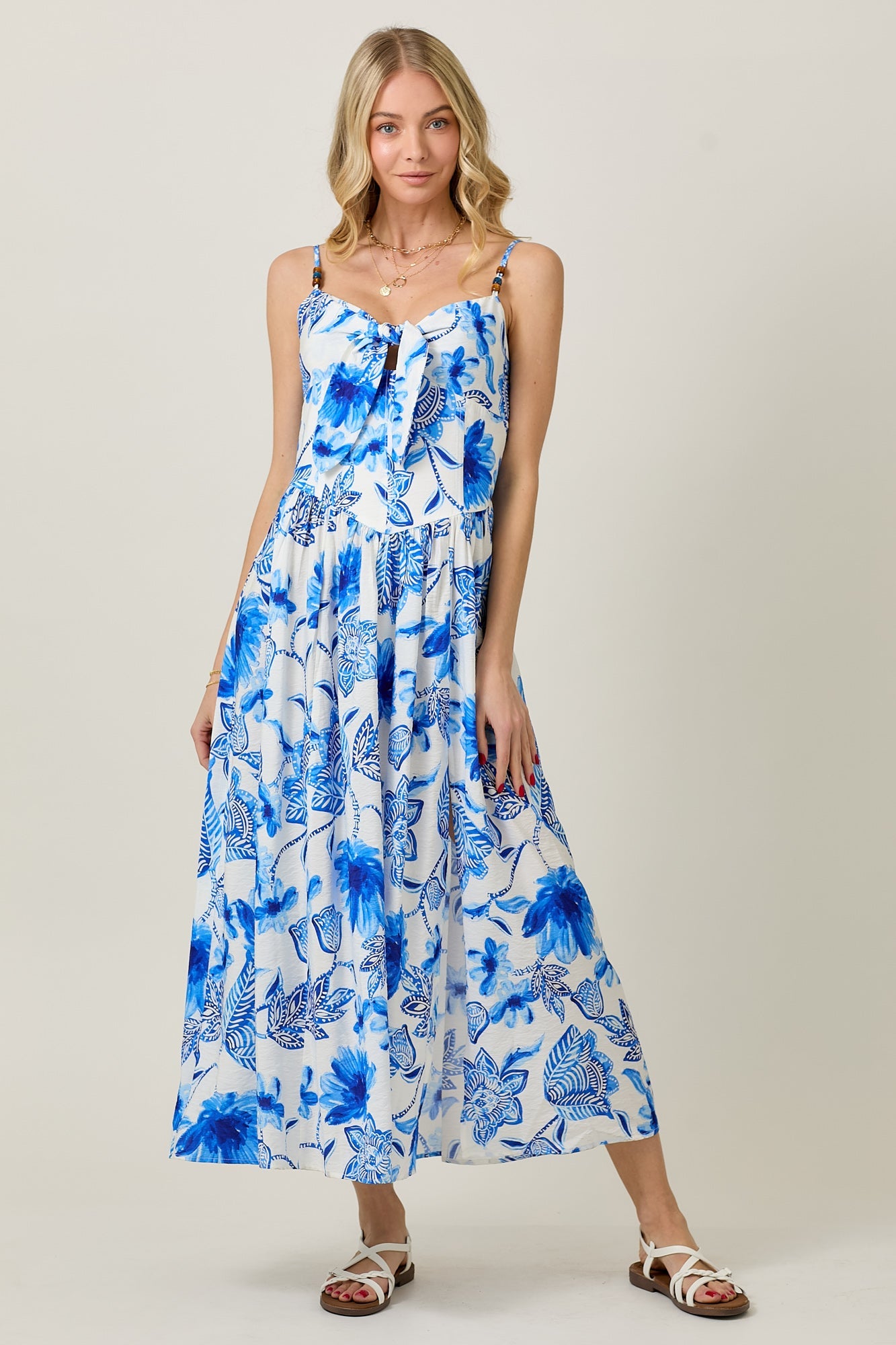 Women's Blue & White Summer Floral Print Sleeveless Maxi Dress & Tie Detail