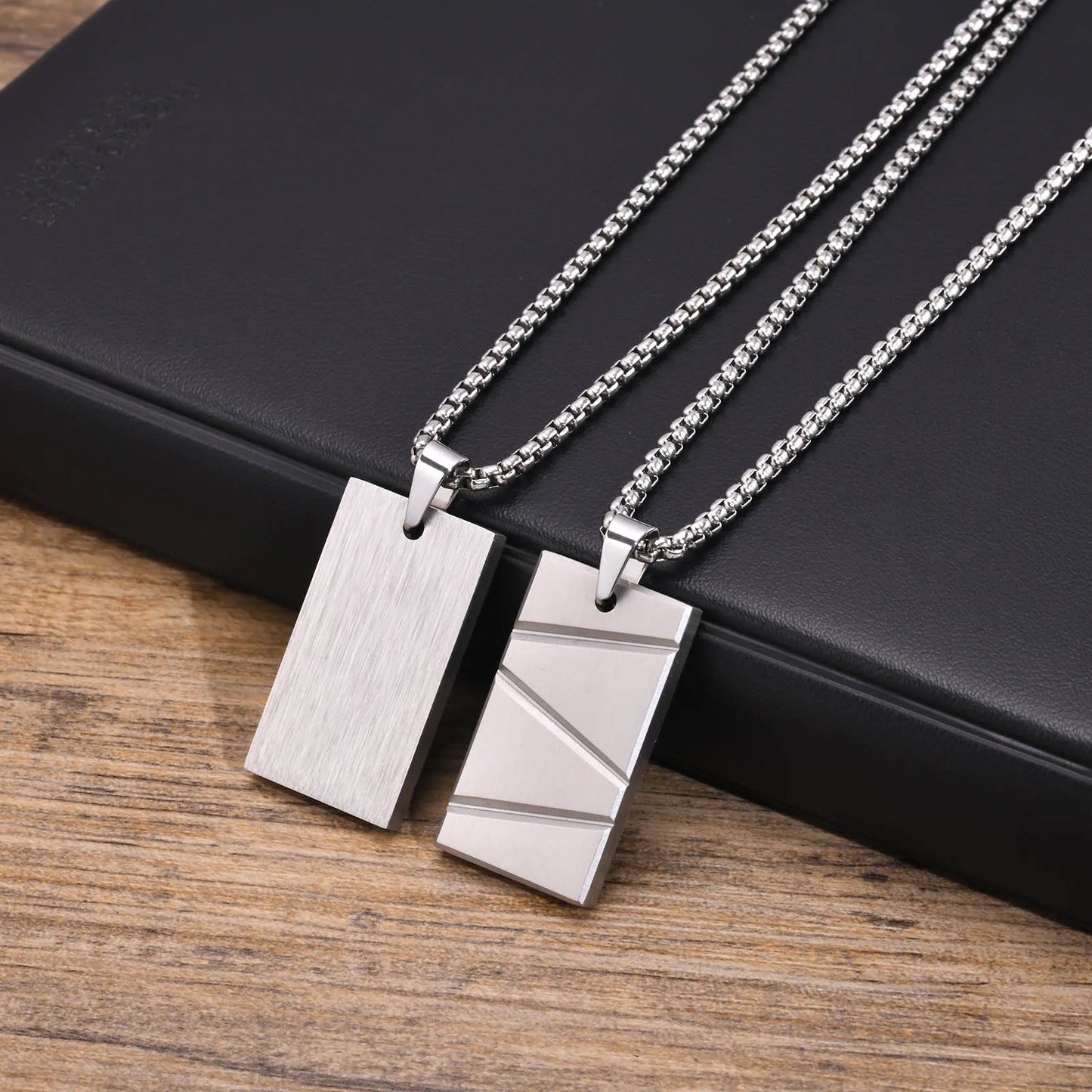 Men's Stainless Steel Patterned Rectangle Dog Tag Box Chain Necklace - Lovez Aqua© - 7 / 50cm