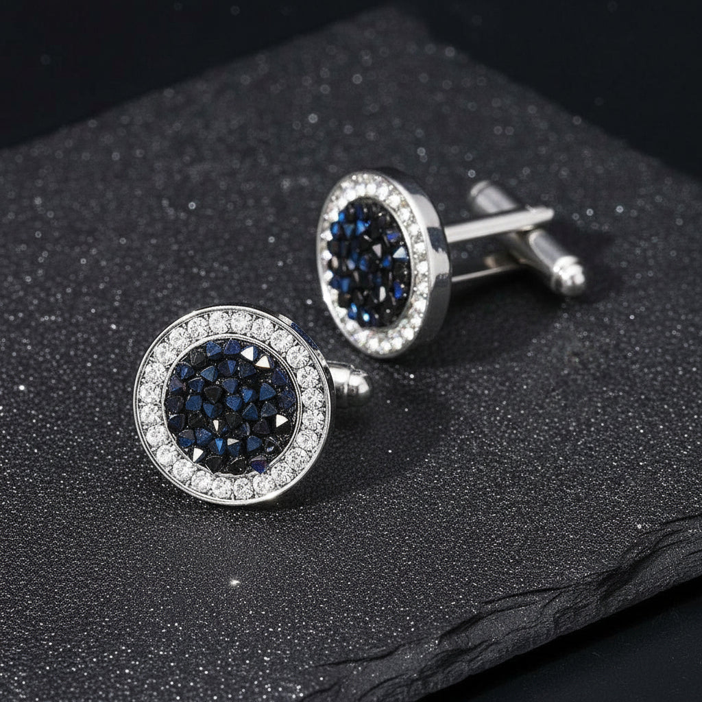 Luxury Men's Crystal & Agate Encrusted Round Cufflinks - Lovez Aqua© -