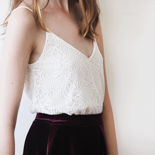 Delicate Ivory V-Neck Open Back Lace Bridal Top with Silk Satin Spaghetti Straps - Lovez Aqua© -