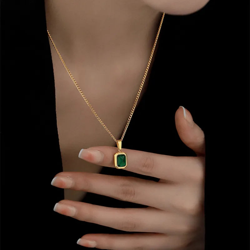 Women's Elegant Gold Plated Square Emerald Green Cubic Zirconia Pendant Necklace - Lovez Aqua© -