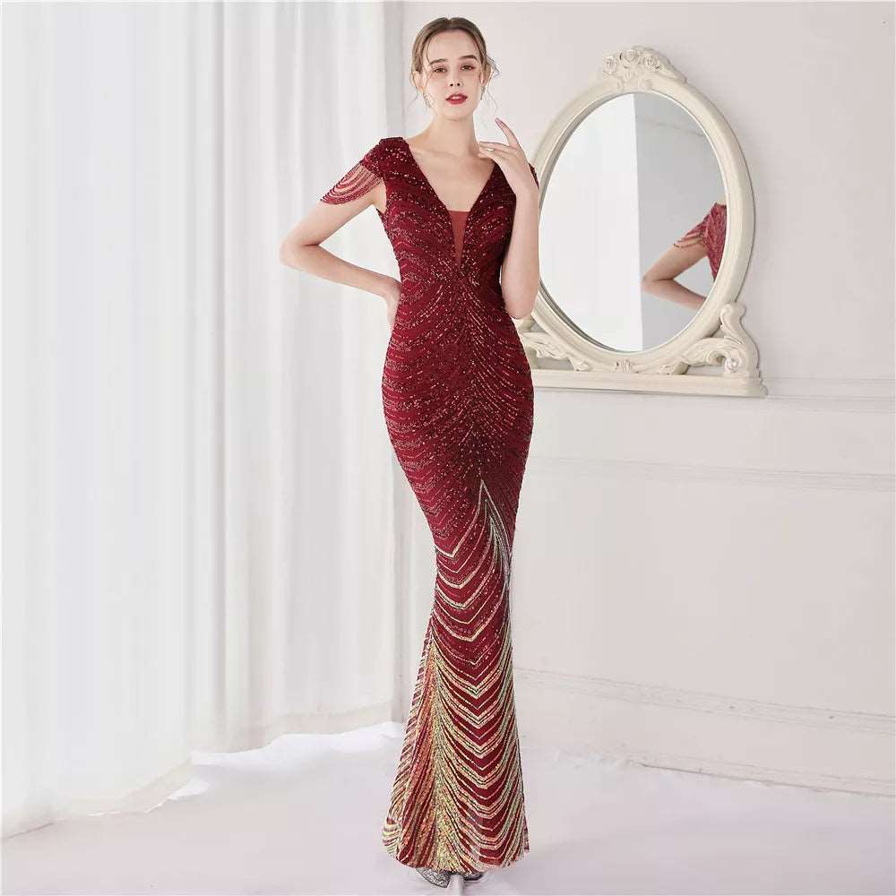 Women's Sequined Mermaid Evening Dress With Fringe Cap Sleeves - Lovez Aqua© - Burgundy / 2