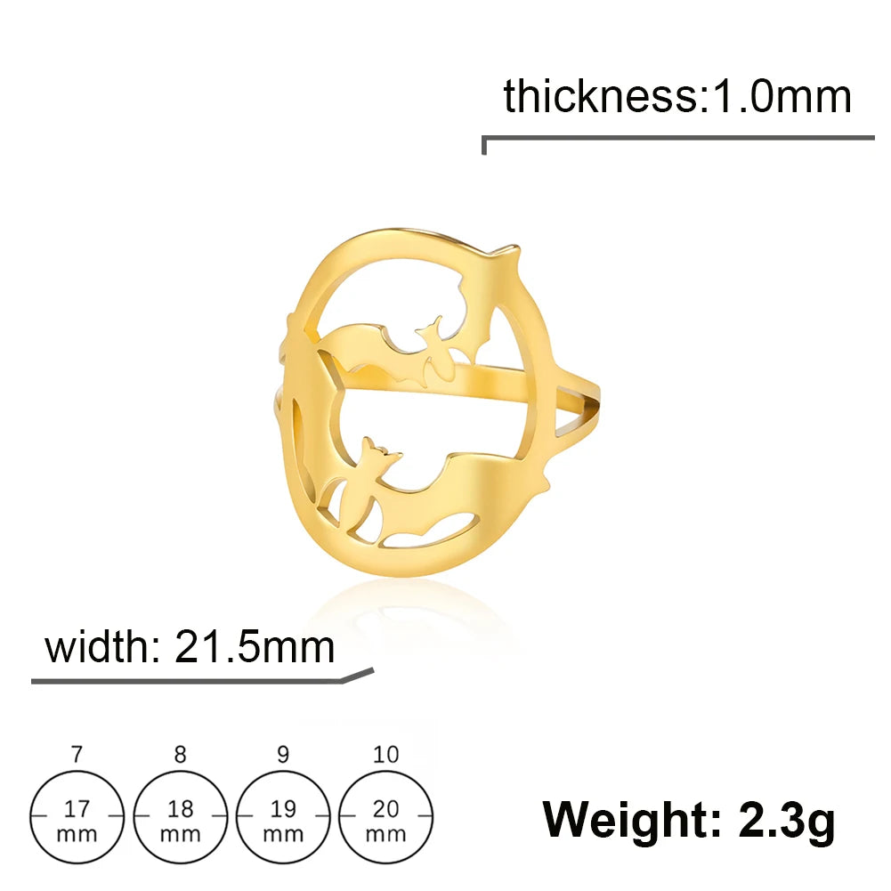 Women's Gothic Punk Crescent Moon & Bat Stainless Steel Ring - Lovez Aqua© - Gold 3 / 7