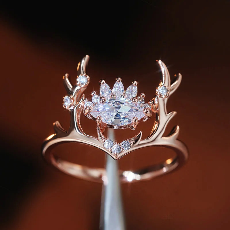 Delicate Gold Elk Antlers & Cubic Zirconia Crown Women's Ring - Lovez Aqua© -