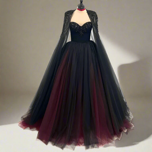 Gothic Black & Red A-Line Sleeveless Tulle Ball Gown with Dress Sequined Cape - Lovez Aqua© -