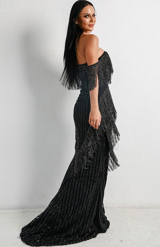Strapless Black Evening Gown with Sweetheart Neckline & Tiered Fringe Detailing - Lovez Aqua© -
