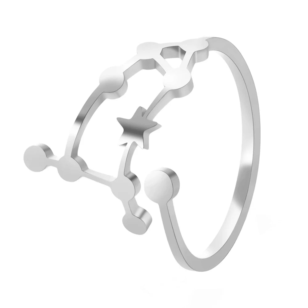 Women's Zodiac Star Signs Constellation Stainless Steel Adjustable Open Ring - Lovez Aqua© - Gemini Steel