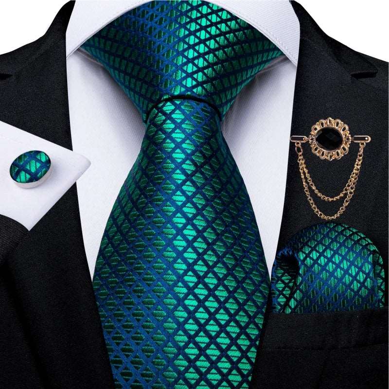 Men's Teal & Aqua Blue Silk Necktie, Handkerchief, Brooch & Cufflinks Set - Lovez Aqua© - 2