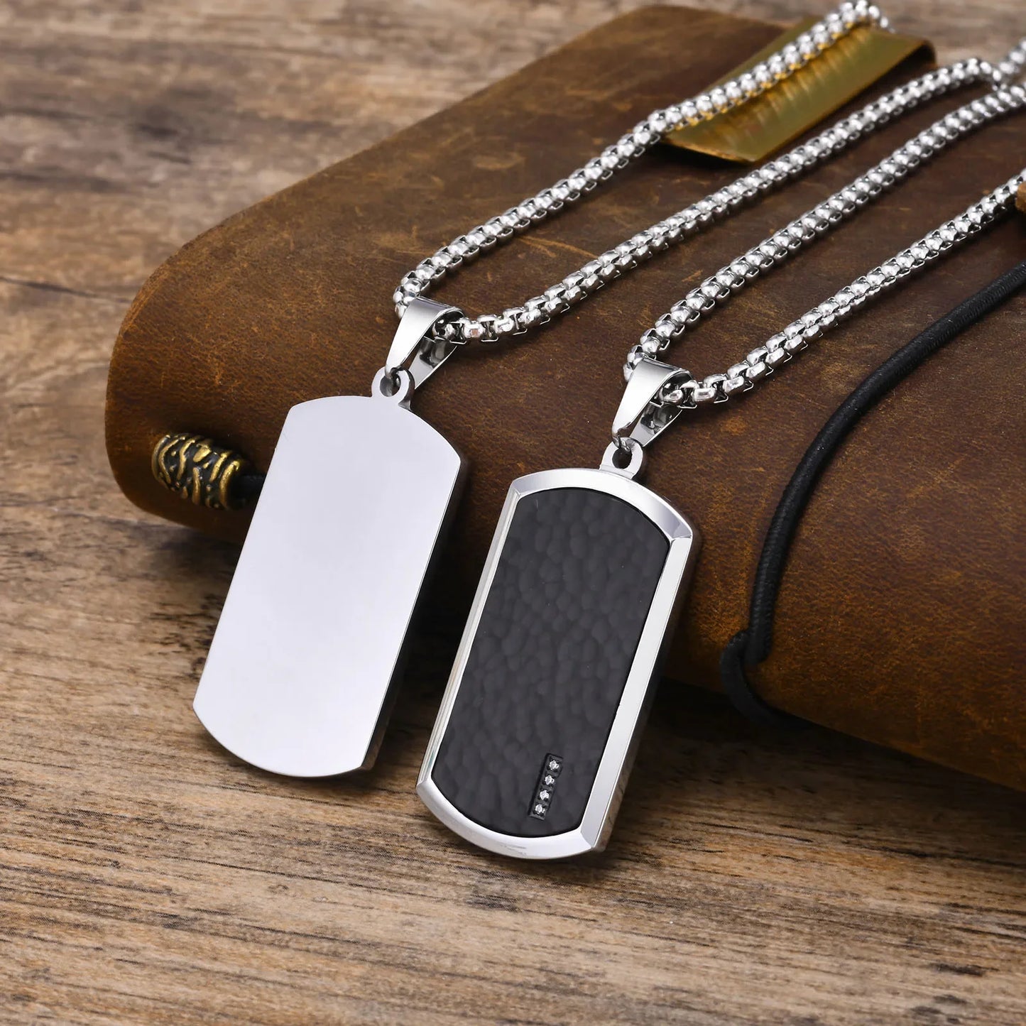 Men's Stainless Steel Patterned Rectangle Dog Tag Box Chain Necklace - Lovez Aqua© - 2 / 50cm
