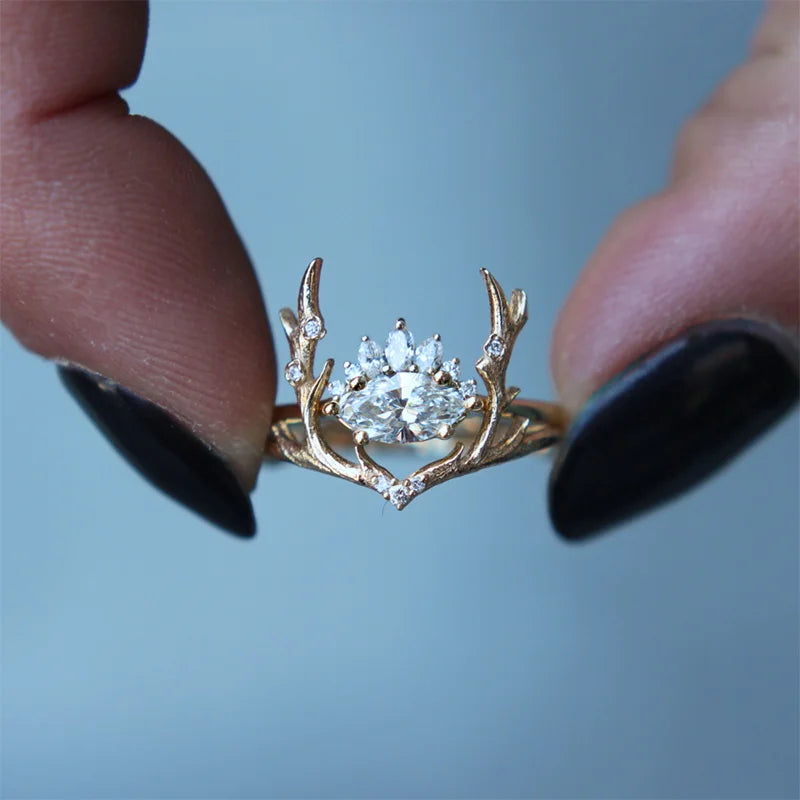 Delicate Gold Elk Antlers & Cubic Zirconia Crown Women's Ring - Lovez Aqua© -